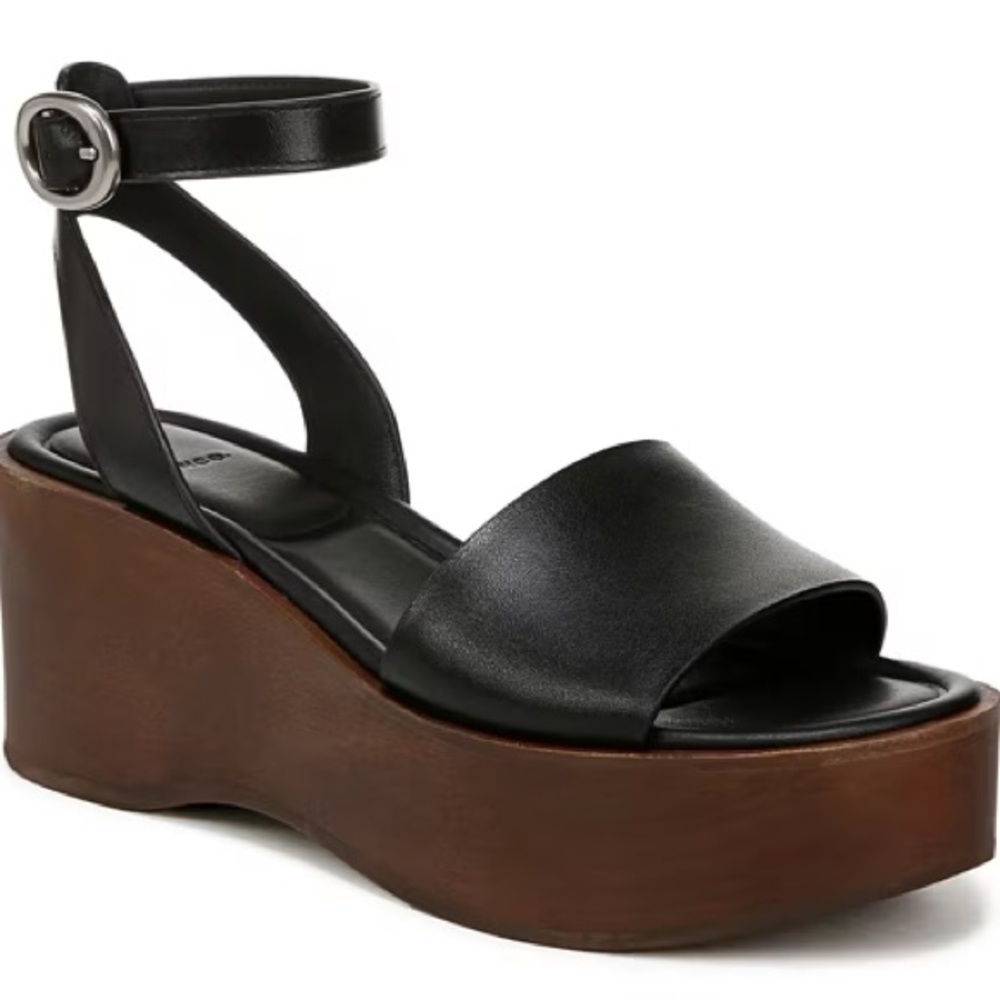 Vince Phillipa Black Leather and Wood Platform Sandals